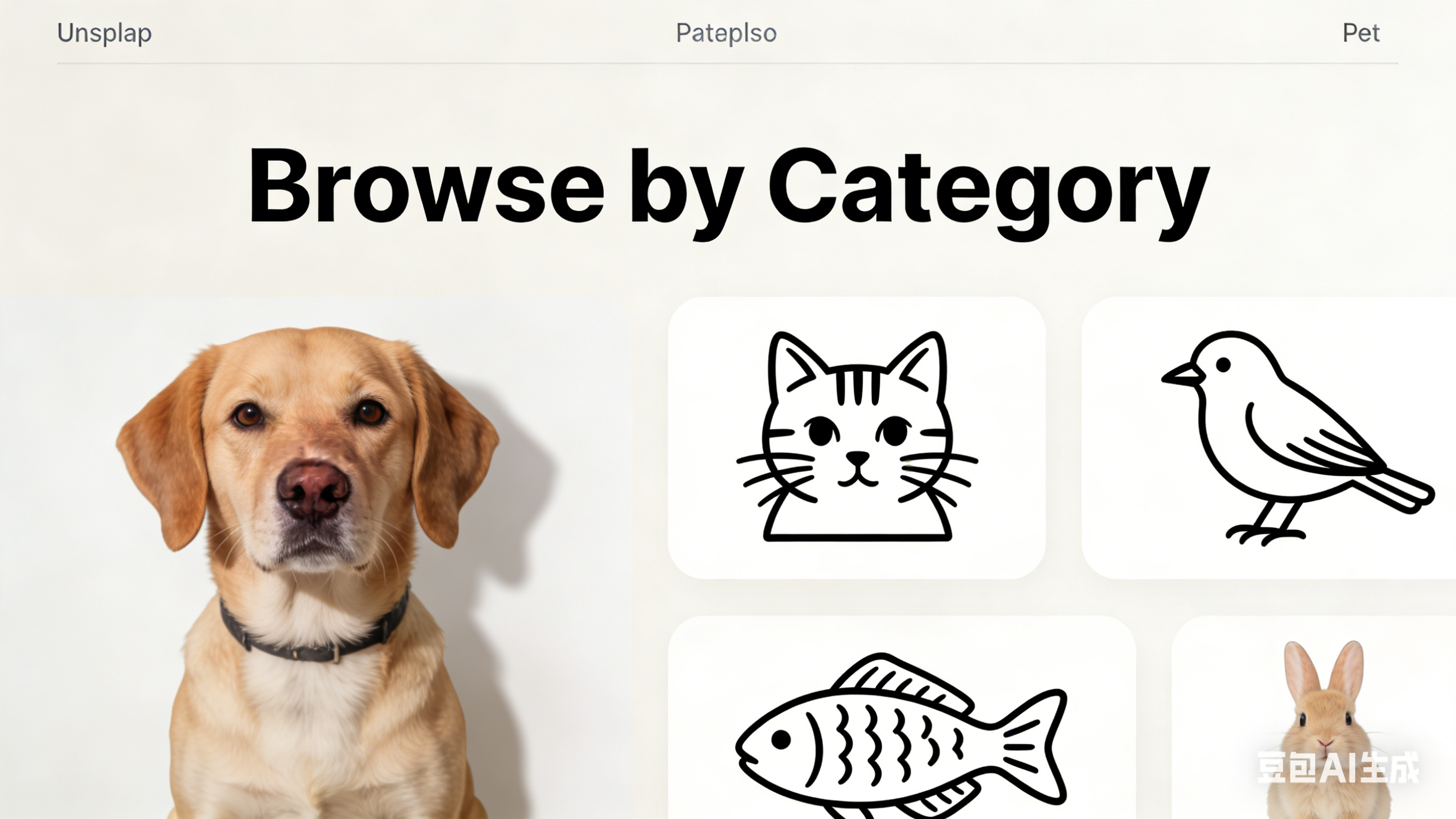 Different types of pets including dog, cat, rabbit and bird